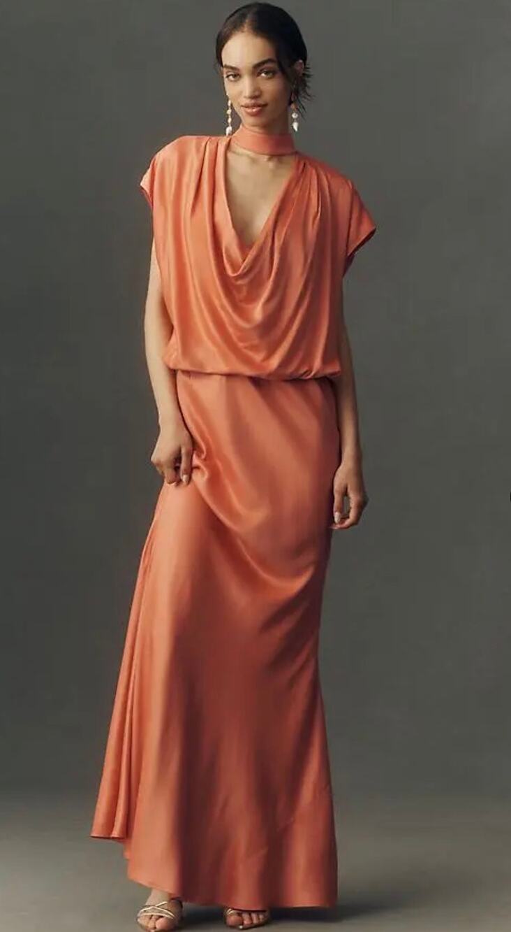BHLDN Plunge Cowl-Neck Satin Maxi Dress